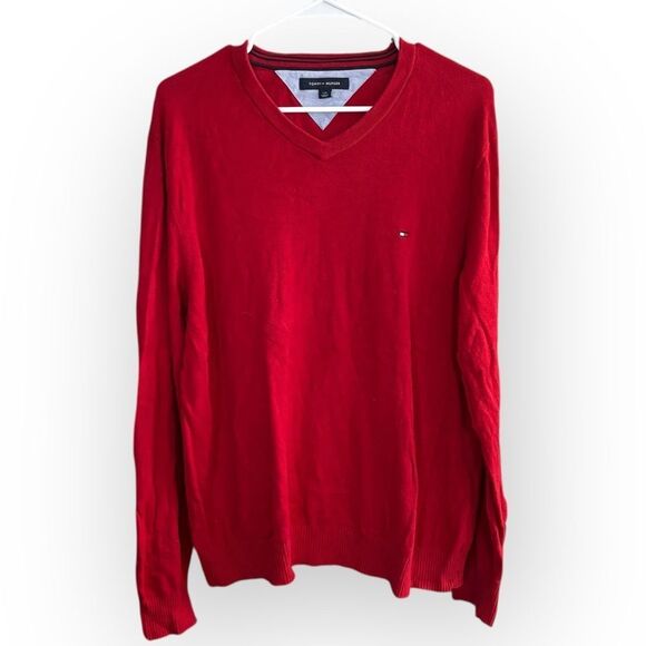 Tommy Hilfiger Red V-Neck Sweater with Logo embroidered men’s large - Picture 1 of 5
